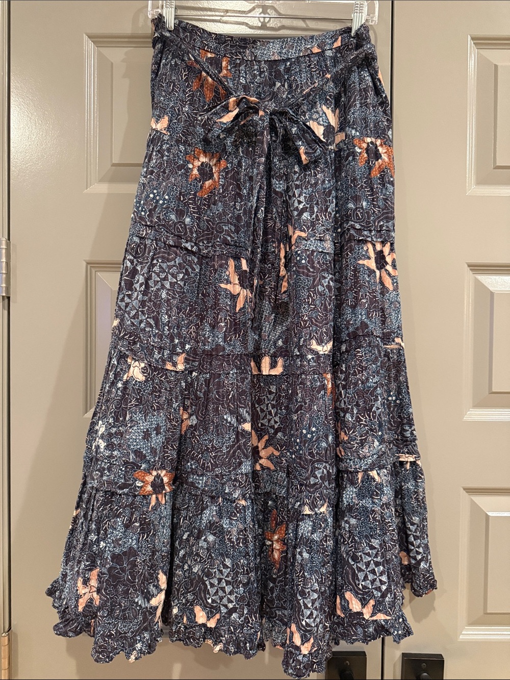 Ulla Johnson Navy Tiered Dark Floral Maxi Skirt with Peach & Brown Flowers